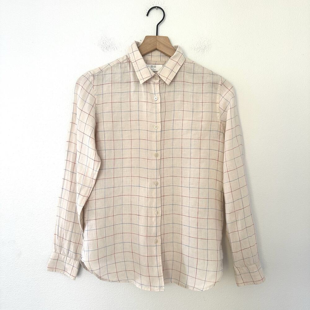 Uniqlo 100% Linen Button Up Shirt Women's Size S Beige Check Coastal Beach Twee